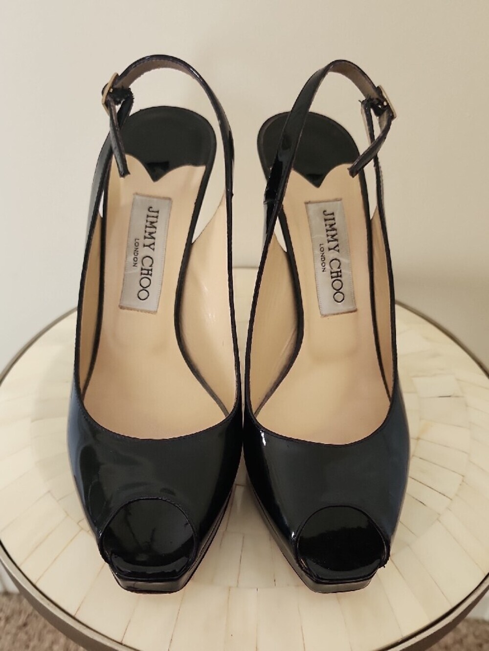 Jimmy Choo Black Patent Leather Peep-Toe Slingbacks - Picture 2 of 6
